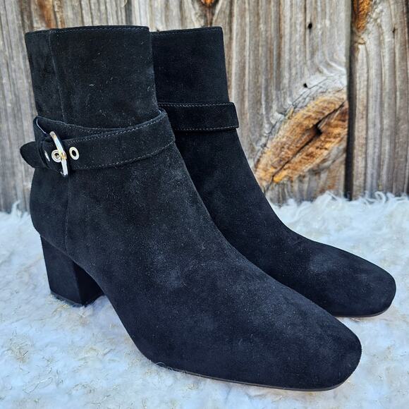 Black Suede Bootie Ann Taylor Breanna Size 6 Leather Harness Buckle Square Toe - Picture 2 of 13